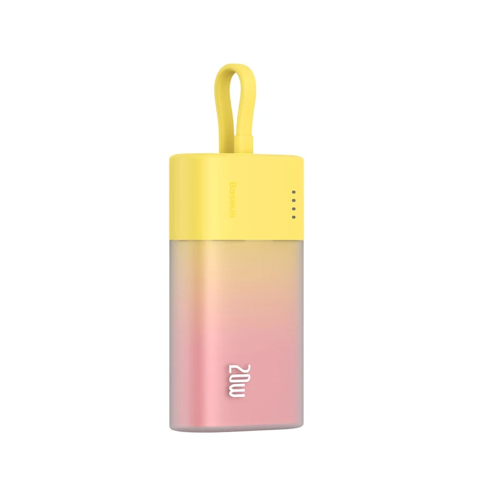 Baseus Popsicle 5200mAh 20W Powerbank with Built-in Lightning Cable (+ White Baseus Simple USB-C - USB-C 60W/20V/3A/30cm Cable) - Yellow-Pinkeng