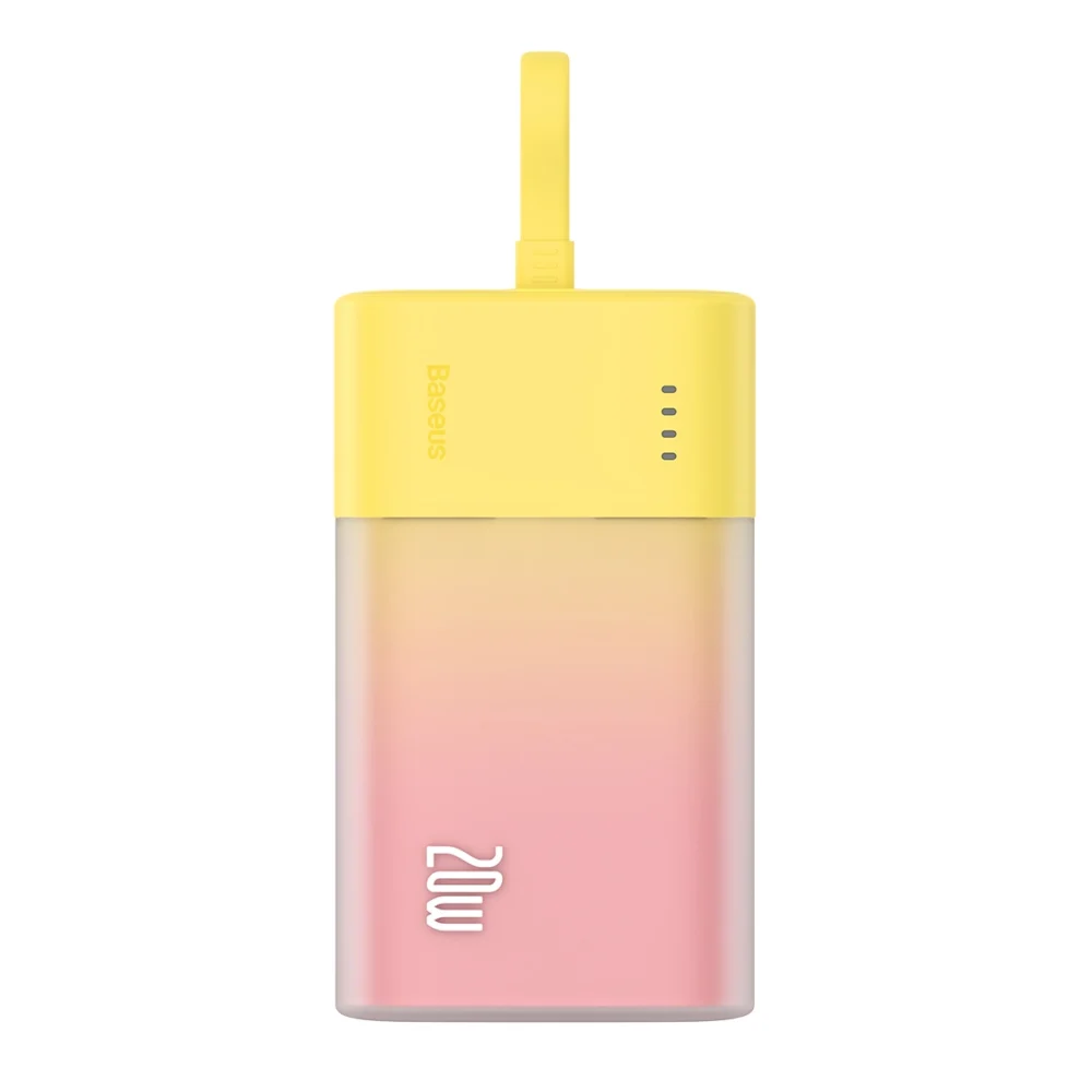 Baseus Popsicle 5200mAh 20W Powerbank with Built-in Lightning Cable (+ White Baseus Simple USB-C - USB-C 60W/20V/3A/30cm Cable) - Yellow-Pinkeng
