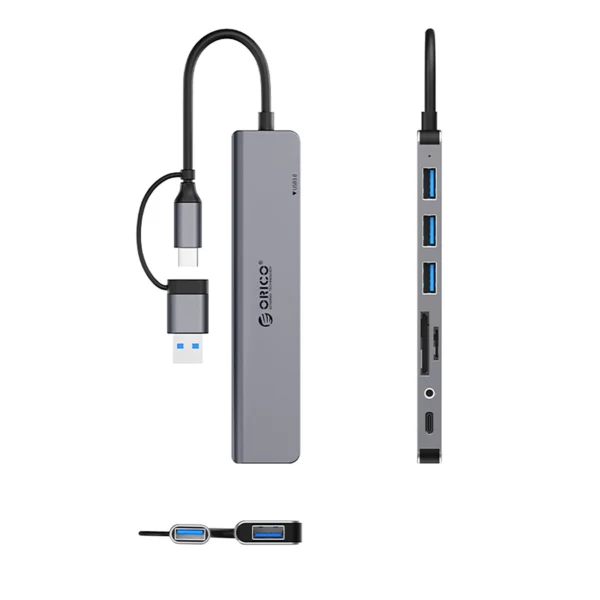 Orico YSA8-U3 USB-A/USB-C Hub Docking Station 3x USB-A 2.0 + 1x USB-A 3.0 + 1x USB-C 2.0 + 1x 3.5mm Audio + 2x TF&SD - Grayeng