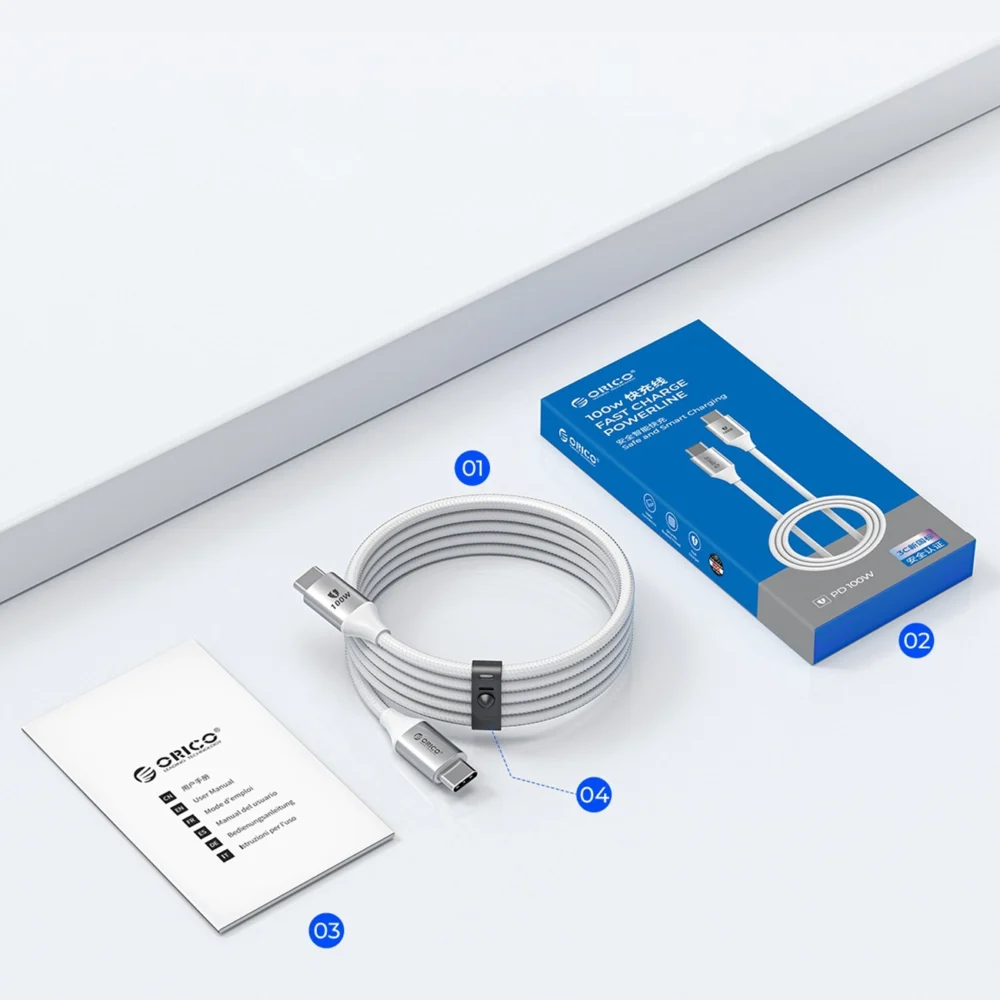 Orico CDX 60W 3A Power Delivery USB-C - USB-C 1m Cable - Whiteeng