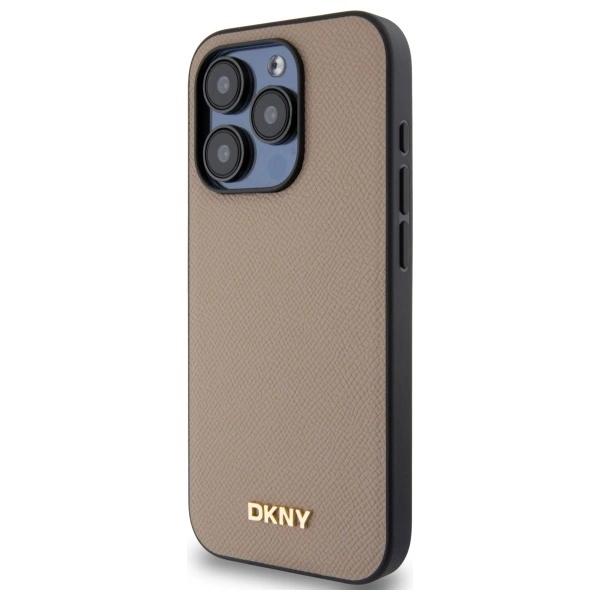 DKNY Grained Metal Logo MagSafe iPhone 15 Pro Case - Beigeeng