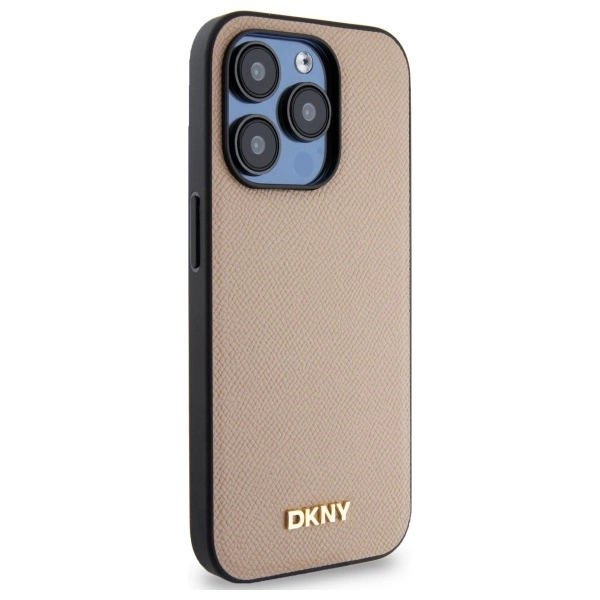 DKNY Grained Metal Logo MagSafe iPhone 15 Pro Case - Beigeeng