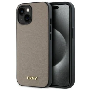 DKNY Grained Metal Logo MagSafe iPhone 15 Case - Beigeeng