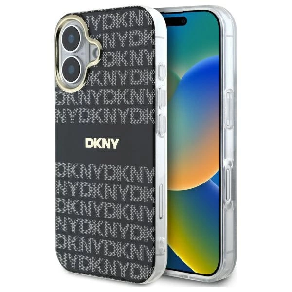 DKNY Repeat Texture Pattern With Stripe iPhone 16 Case - Blackeng