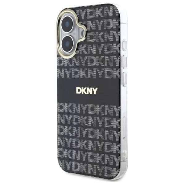 DKNY Repeat Texture Pattern With Stripe iPhone 16 Case - Blackeng