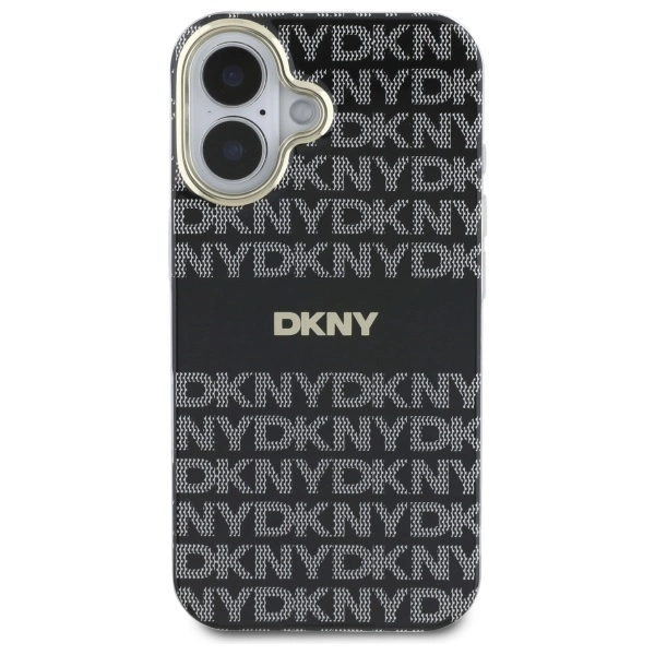 DKNY Repeat Texture Pattern With Stripe iPhone 16 Case - Blackeng
