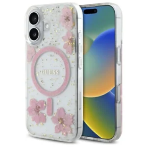 Guess Resin Flower Glitter MagSafe iPhone 16 Case - Pinkeng