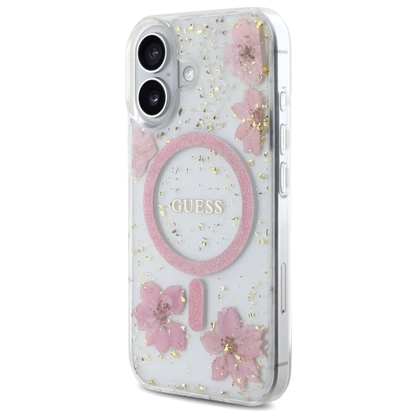 Guess Resin Flower Glitter MagSafe iPhone 16 Case - Pinkeng