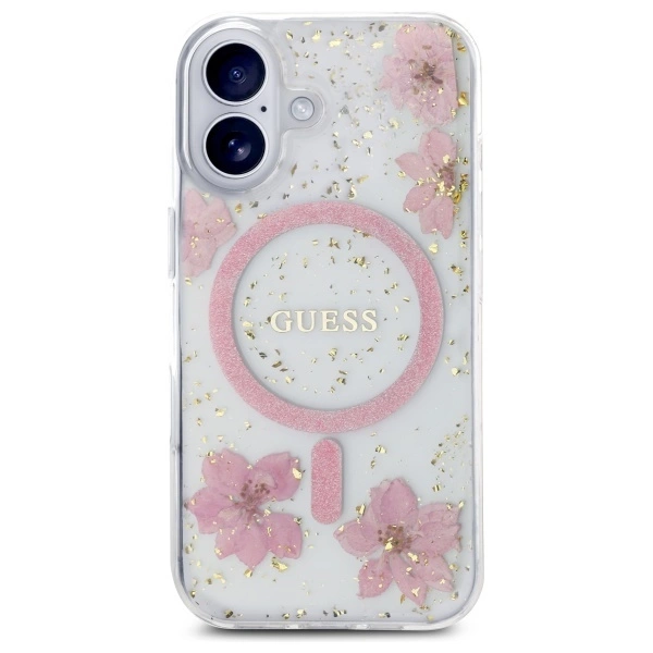 Guess Resin Flower Glitter MagSafe iPhone 16 Case - Pinkeng