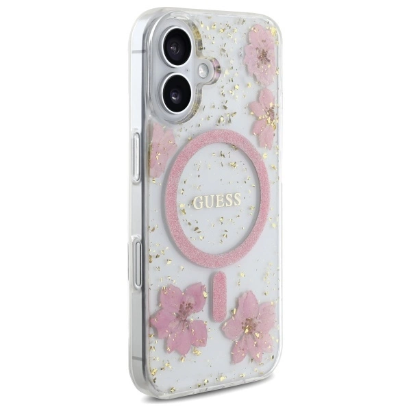 Guess Resin Flower Glitter MagSafe iPhone 16 Case - Pinkeng