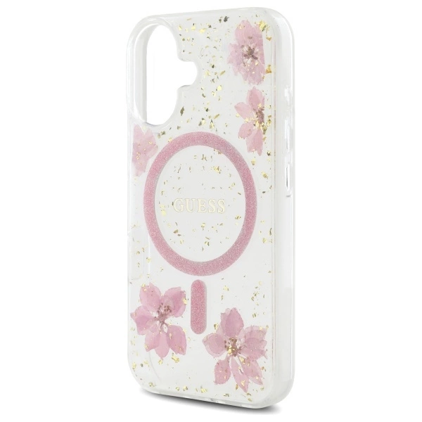 Guess Resin Flower Glitter MagSafe iPhone 16 Case - Pinkeng