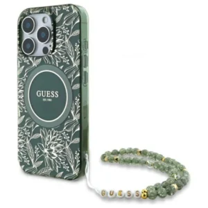 Guess IML Flowers Allover Electro With Pearl Strap MagSafe case for iPhone 16 Pro Max - greeneng