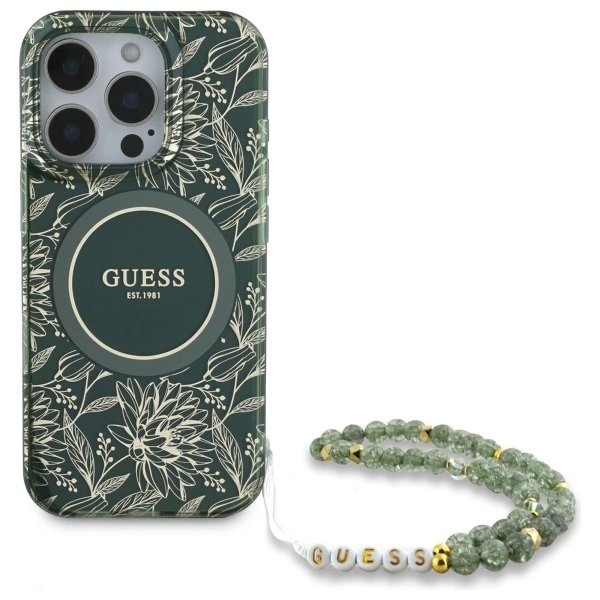 Guess IML Flowers Allover Electro With Pearl Strap MagSafe case for iPhone 16 Pro Max - greeneng