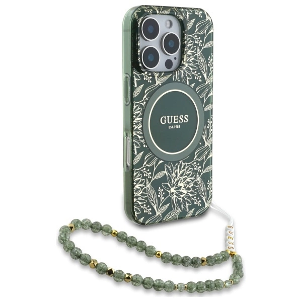 Guess IML Flowers Allover Electro With Pearl Strap MagSafe case for iPhone 16 Pro Max - greeneng