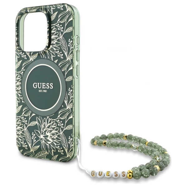 Guess IML Flowers Allover Electro With Pearl Strap MagSafe case for iPhone 16 Pro Max - greeneng