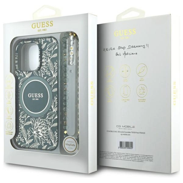 Guess IML Flowers Allover Electro With Pearl Strap MagSafe case for iPhone 16 Pro Max - greeneng