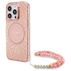 Guess IML Flowers Allover Electro With Pearl Strap MagSafe case for iPhone 16 Pro Max - pinkeng