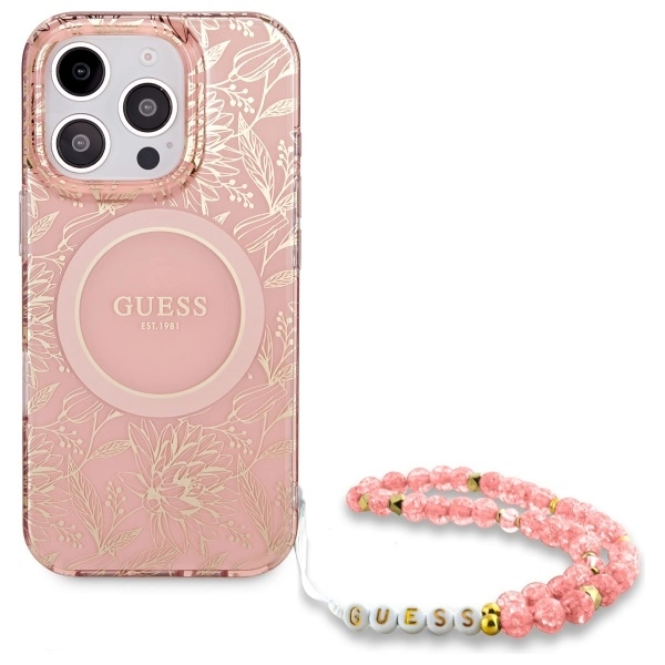 Guess IML Flowers Allover Electro With Pearl Strap MagSafe case for iPhone 16 Pro Max - pinkeng