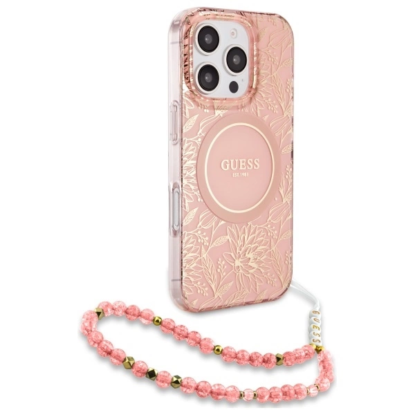 Guess IML Flowers Allover Electro With Pearl Strap MagSafe case for iPhone 16 Pro Max - pinkeng