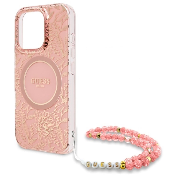 Guess IML Flowers Allover Electro With Pearl Strap MagSafe case for iPhone 16 Pro Max - pinkeng