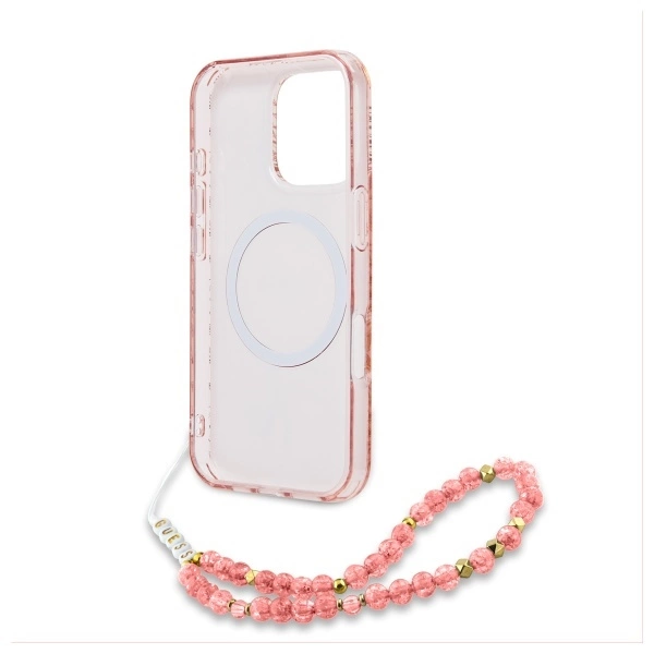 Guess IML Flowers Allover Electro With Pearl Strap MagSafe case for iPhone 16 Pro Max - pinkeng
