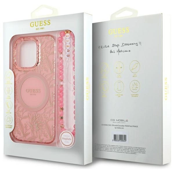 Guess IML Flowers Allover Electro With Pearl Strap MagSafe case for iPhone 16 Pro Max - pinkeng