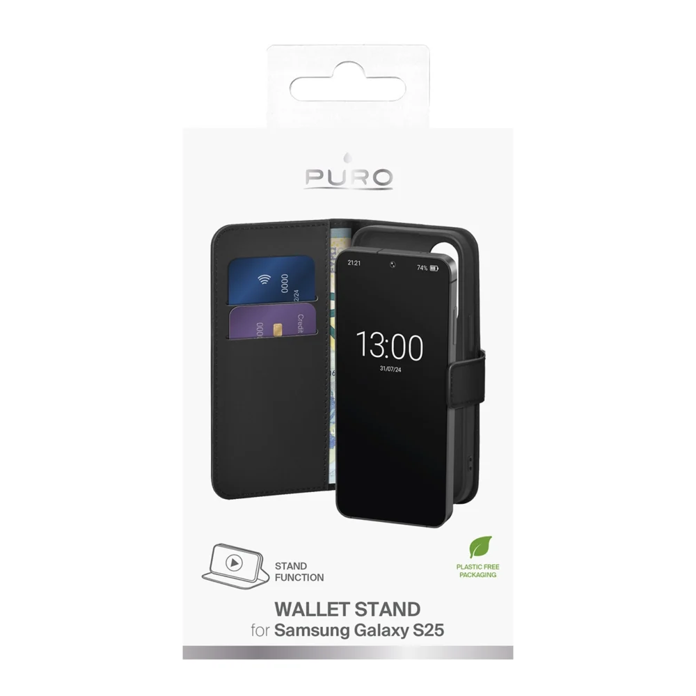 Puro Booklet Case with Flip and Wallet for Samsung Galaxy S25 - Blackeng