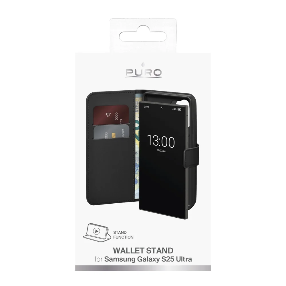 Puro Booklet Case with Flip and Wallet for Samsung Galaxy S25 Ultra - Blackeng