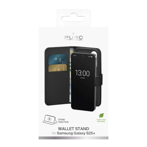 Puro Booklet Case with Flip and Wallet for Samsung Galaxy S25+ - Blackeng