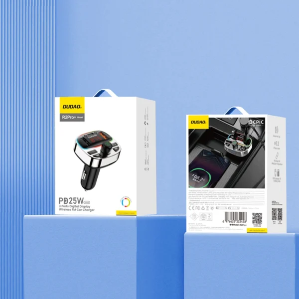 Dudao R2PRO+ Transmitter with PD25W Bluetooth 5.3 RGB Charging Ports - Black and Silvereng