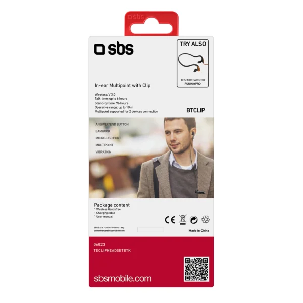 SBS TECLIPHEADSETBTK Wireless Earphone with Clip - Blackeng
