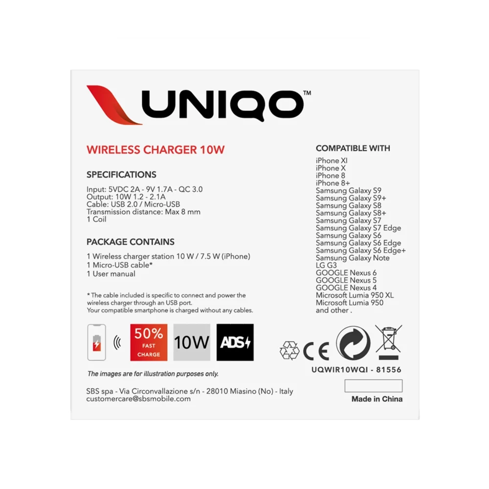 SBS UQWIR10WQI 10W Quick Charge 3.0 Wireless Charger - Blackeng