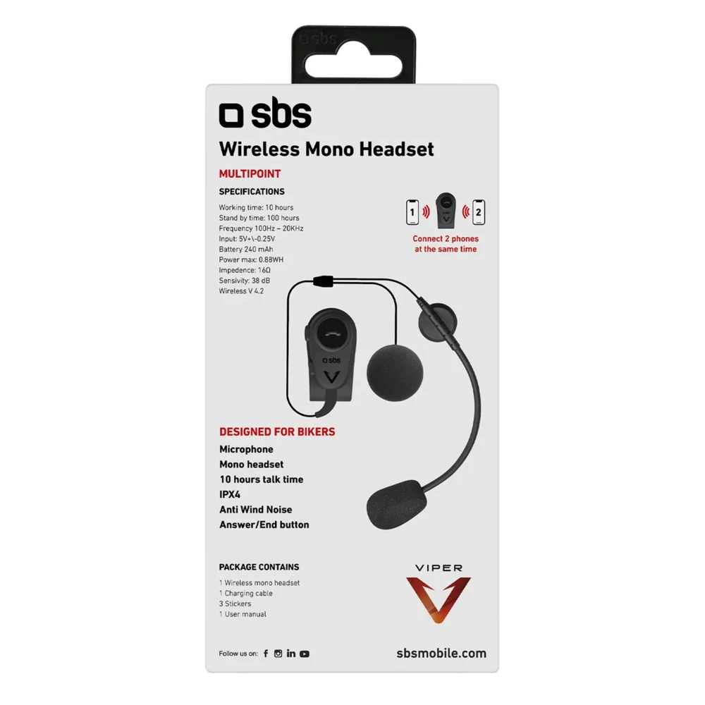SBS TEEARSETMONOMOTOBTK mono wireless headset for motorcycle helmet - blackeng