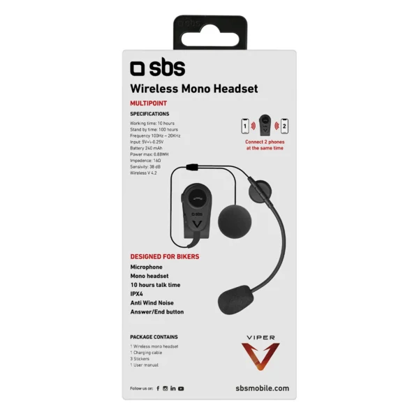 SBS TEEARSETMONOMOTOBTK mono wireless headset for motorcycle helmet - blackeng