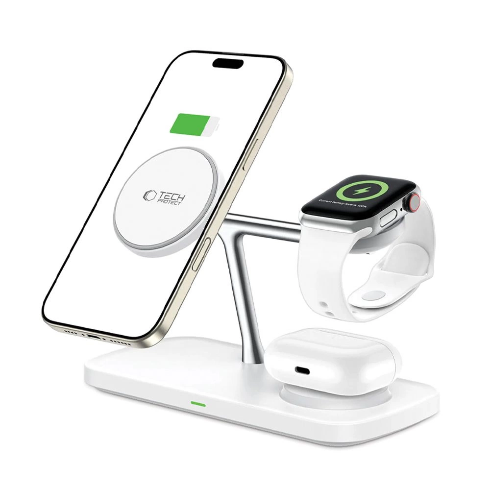 Tech-Protect QI15W-A45 3in1 Wireless Charger with MagSafe for Apple Devices - Whiteeng
