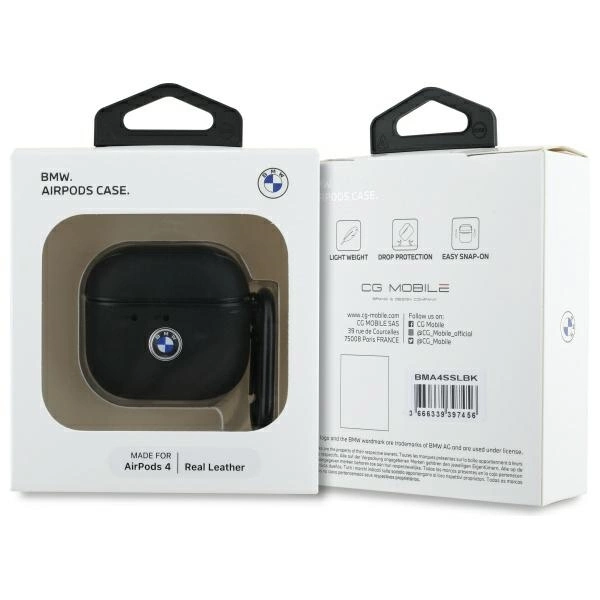 BMW BMA4SSLBK AirPods 4 cover black/black Geniune Leather Silver Logoeng