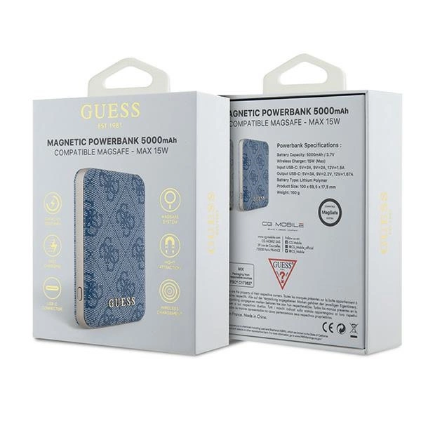 Guess Powerbank inductive 15W GUPB5FP4EMGB 5000mAh blue/blue 4G Leather Metal Logo MagSafeeng