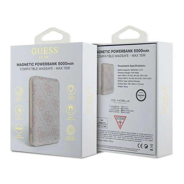 Guess Powerbank inductive 15W GUPB5FP4EMGP 5000mAh pink/pink 4G Leather Metal Logo MagSafeeng