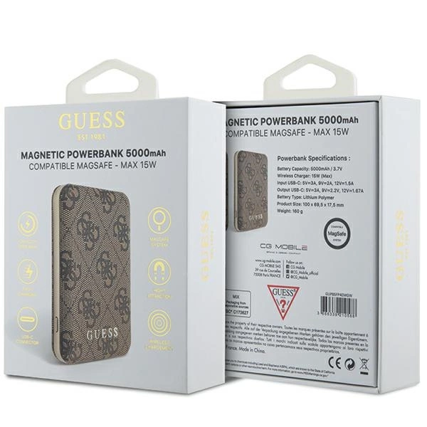 Guess Powerbank inductive 15W GUPB5FP4EMGW 5000mAh brown/brown 4G Leather Metal Logo MagSafeeng