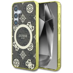 Guess 4G Background Gold Electroplated Peony Pattern MagSafe case for Samsung Galaxy S25 browneng