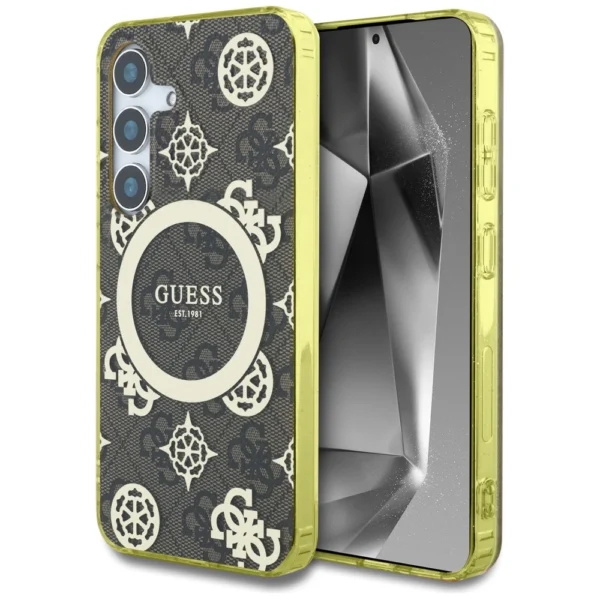 Guess 4G Background Gold Electroplated Peony Pattern MagSafe case for Samsung Galaxy S25 browneng