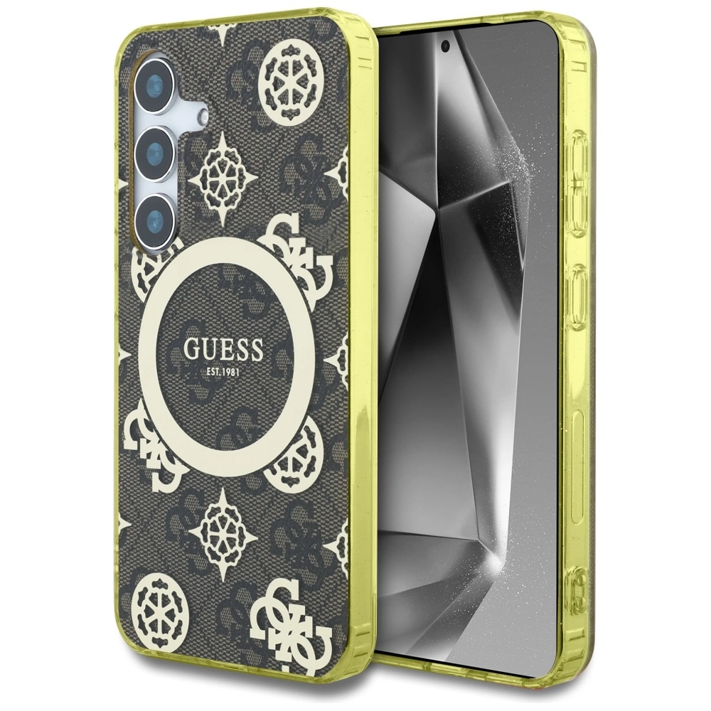 Guess 4G Background Gold Electroplated Peony Pattern MagSafe case for Samsung Galaxy S25 browneng