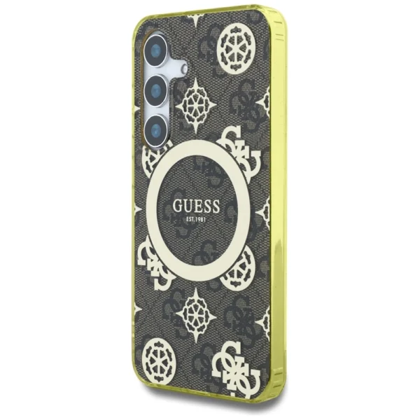 Guess 4G Background Gold Electroplated Peony Pattern MagSafe case for Samsung Galaxy S25 browneng