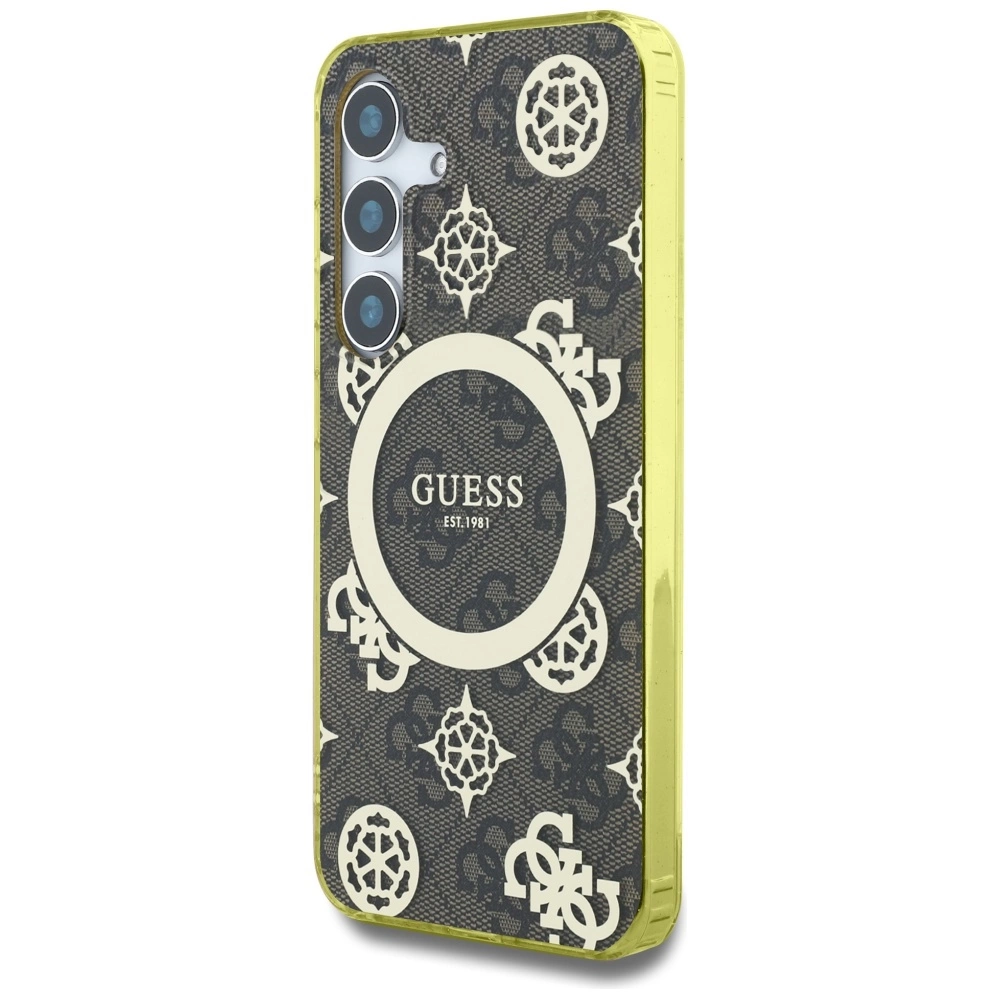 Guess 4G Background Gold Electroplated Peony Pattern MagSafe case for Samsung Galaxy S25 browneng