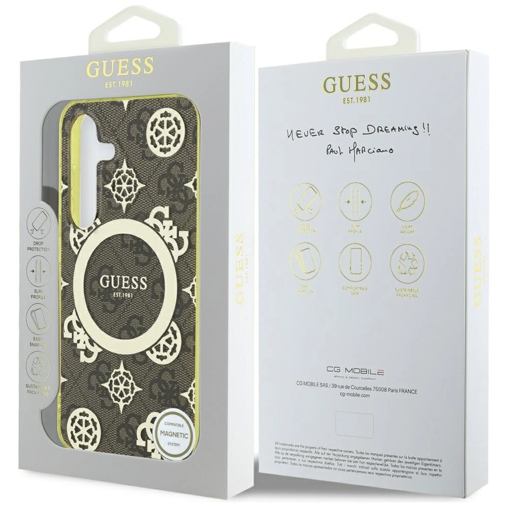 Guess 4G Background Gold Electroplated Peony Pattern MagSafe case for Samsung Galaxy S25 browneng
