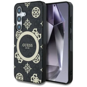 Guess 4G Background Gold Electroplated Peony Pattern MagSafe case for Samsung Galaxy S25 blackeng