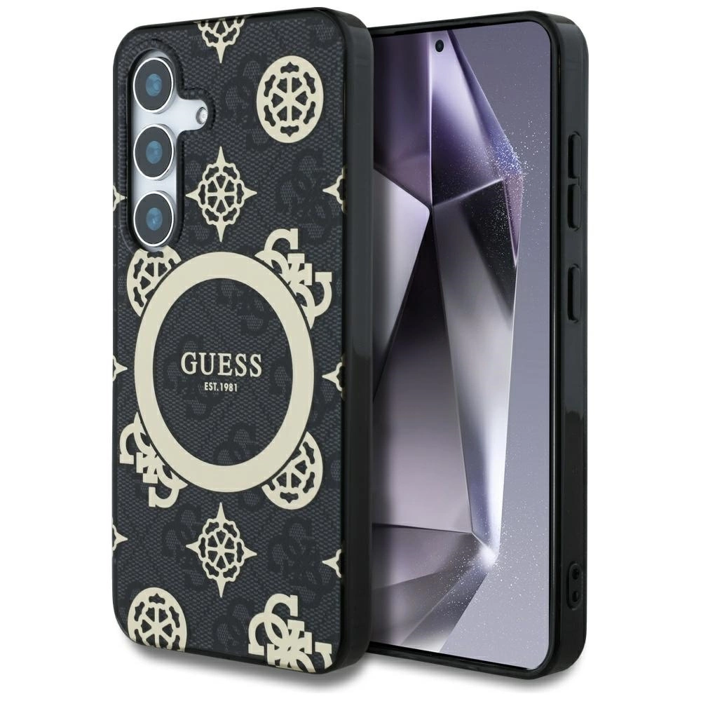Guess 4G Background Gold Electroplated Peony Pattern MagSafe case for Samsung Galaxy S25 blackeng