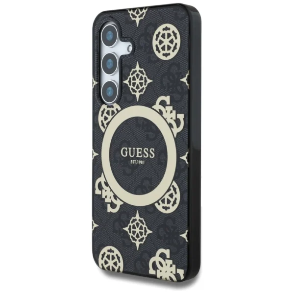 Guess 4G Background Gold Electroplated Peony Pattern MagSafe case for Samsung Galaxy S25 blackeng