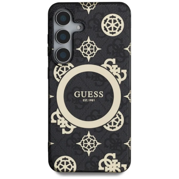 Guess 4G Background Gold Electroplated Peony Pattern MagSafe case for Samsung Galaxy S25 blackeng