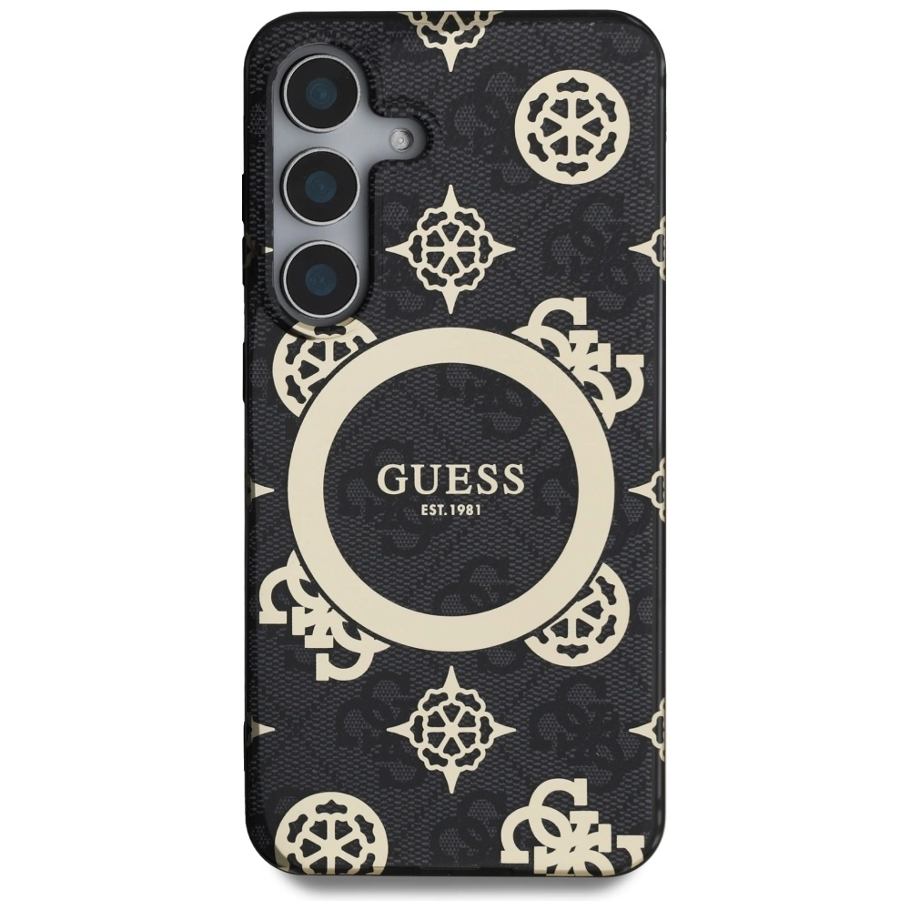 Guess 4G Background Gold Electroplated Peony Pattern MagSafe case for Samsung Galaxy S25 blackeng